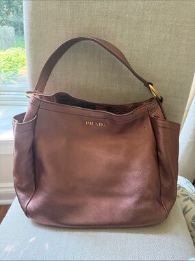 Prada Burgundy Pebbled Leather Shoulder Bag with Gold Hardware